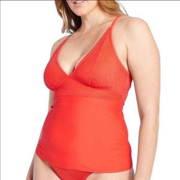 Kona Sol Orange Red Textured Cross Back Tankini Top - Picture 1 of 2